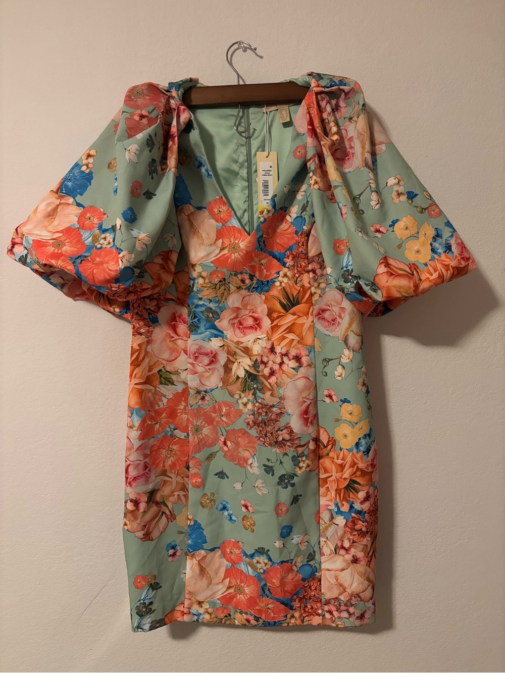 Badgley Mischka Mint Green Dress with Coral Floral Accents